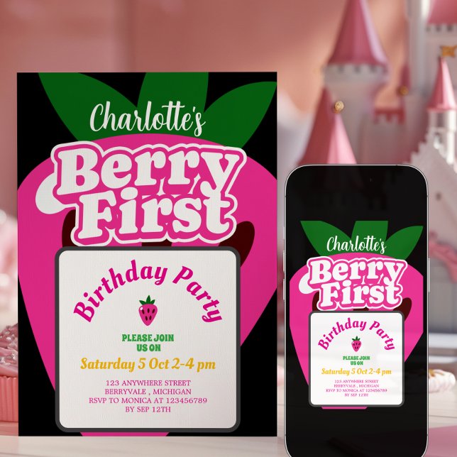 Convites Pink Strawberry Berry First Birthday 1st Birthday  (Criador carregado)