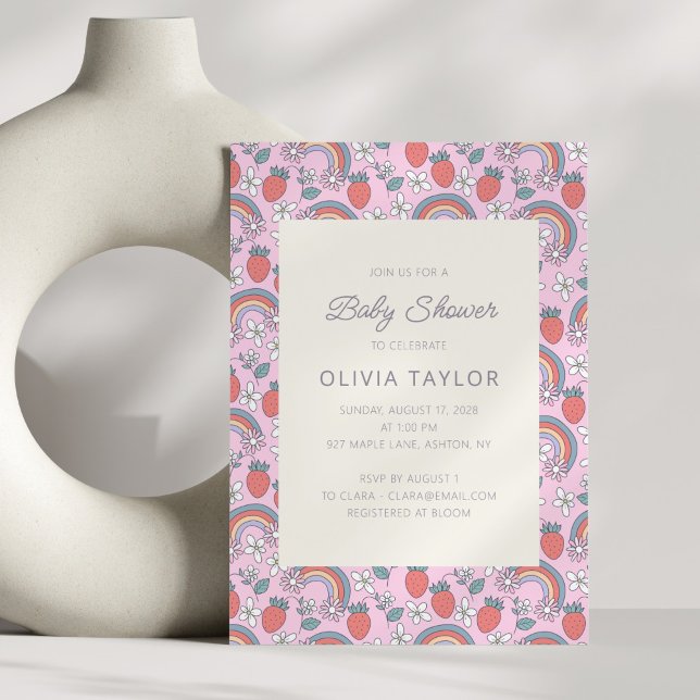 Convites Pink Strawberry Rainbow Retro Baby Shower (Criador carregado)