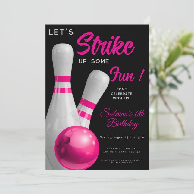 Convites Pink Strike Up Some fun girl bowling birthday (Em pé/Frente)