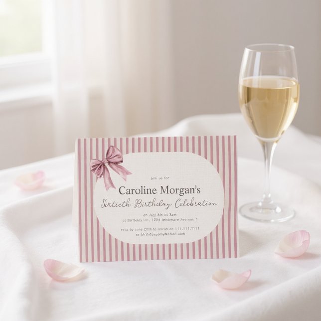 Convites Pink Striped Bow 60th Birthday Celebration  (Criador carregado)