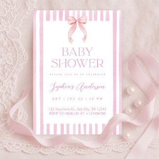 Convites Pink Striped Bow Baby Shower