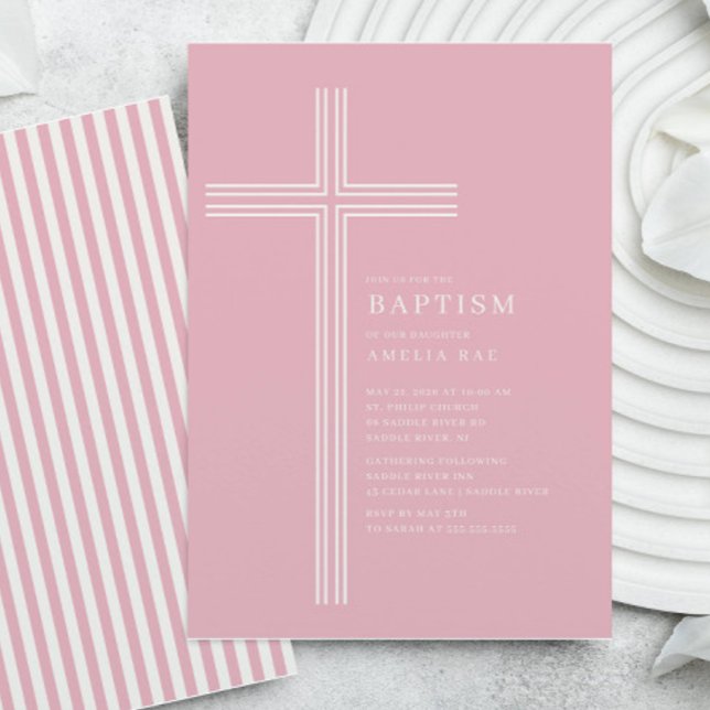 Convites Pink Striped Cross Baptism  (Criador carregado)