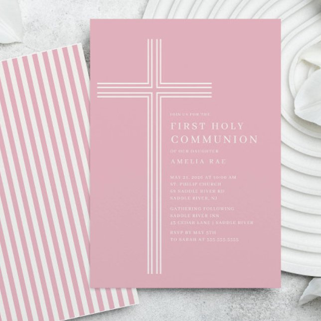 Convites Pink Striped First Communion Invitation (Criador carregado)