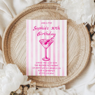 Convites Pink Striped Martini 30º Aniversário – Adulto Chic