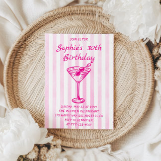 Convites Pink Striped Martini 30th Birthday – Chic Adult 