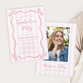 Convites Pink Stripes Bow Frame Graduation Party Photo