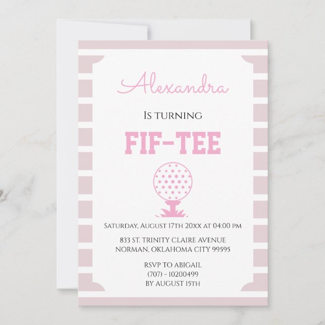 Convites Pink Stripes Golf 50th Birthday (Frente)
