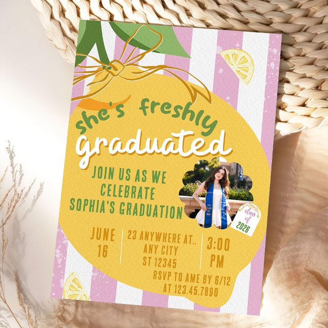 Convites Pink Stripes Lemons Photo Graduation Invitat (Criador carregado)