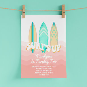 Convites Pink Surfs Up Prancha de Surfe Aniversário de 2 an