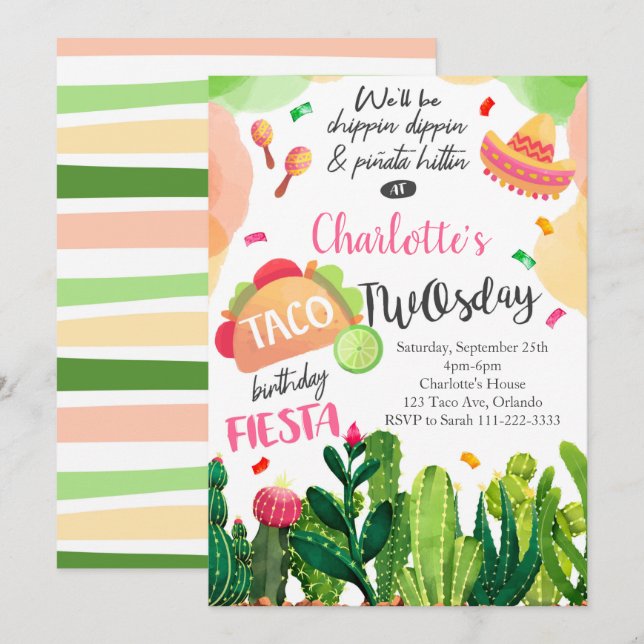 Convites Pink Taco Twosday Girls Birthday Fiesta Invite (Frente/Verso)
