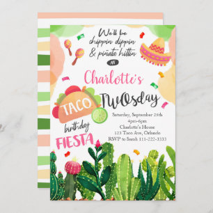 Convites Pink Taco Twosday Girls Birthday Fiesta Invite
