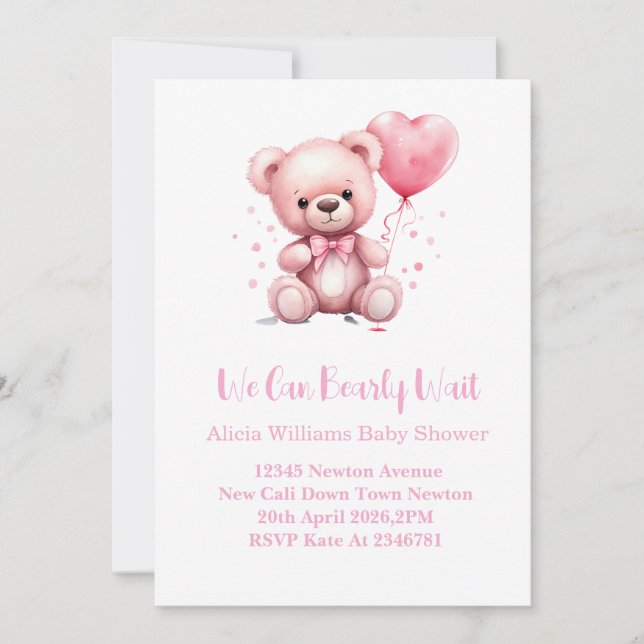Convites Pink Teddy Bear Baby Shower (Frente)