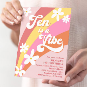Convites Pink Ten é um Vibe Retro Daisy Rainbow Aniversário