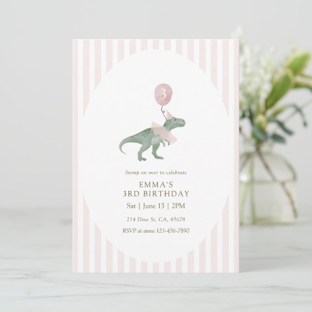 Convites Pink Three Rex Dinosaur balloon Third Birthday (Em pé/Frente)