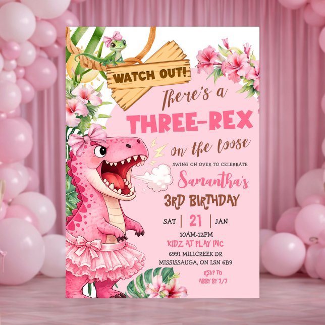 Convites Pink Three Rex On The Loose Third Birthday (Criador carregado)