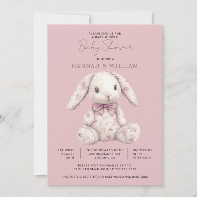 Convites Pink Toile Bunny Rabbit Girl Baby Shower (Frente)