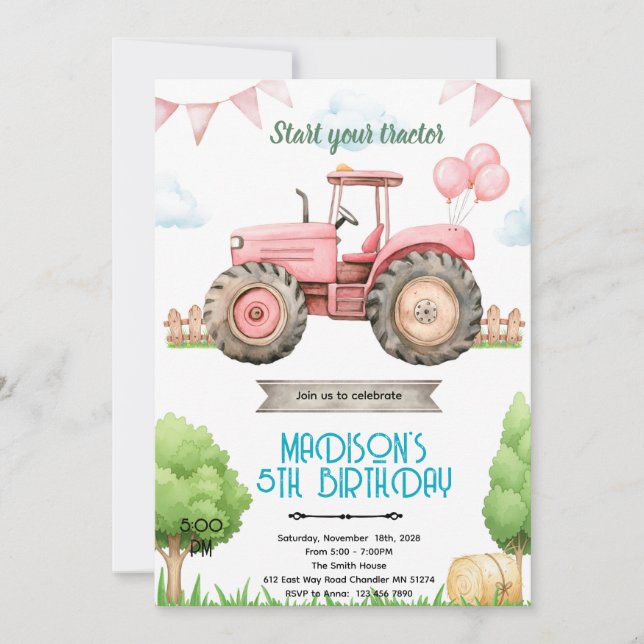 Convites Pink tractor birthday party invitation (Frente)