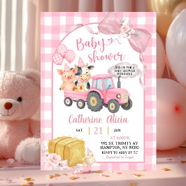 Convites Pink Tractor Gingham Coquette Farm Baby Shower