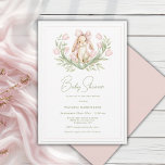 Convites Pink Tulips Bunny Ribbon Baby Shower<br><div class="desc">Pink watercolor tulips creating a bed of flowers for a sweet little bunny rabbit with pink ribbon accent. Coordinating pink and green fine lined frame. Perfect for your baby shower. This is a lovely invitation. So elegant and perfectly sweet for a baby shower invitation. I’ve enjoyed creating this design for...</div>