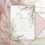 Convites Pink Tulips Floral Elegant Baby Shower<br><div class="desc">Pink tulips with lovely greenery flowing on each corner of this beautiful baby shower invitation.  A lovely design for any season baby shower,  but especially spring and summer seasons.  Beautiful coordinating fonts.  Absolutely stunning.</div>