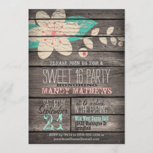Convites Pink & Turquoise; Rustic Wood Sweet 16 Party