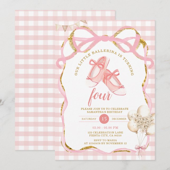 Convites Pink Tutu Ballerina Gingham Birthday (Frente/Verso)