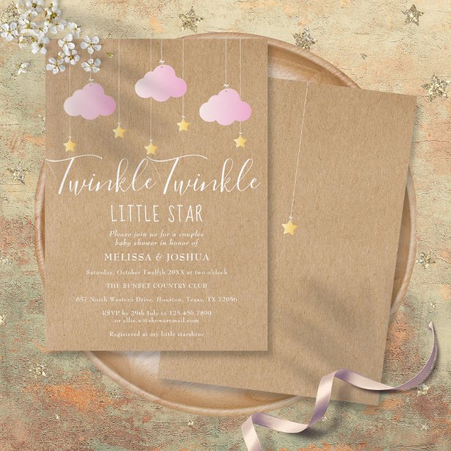 Convites Pink Twinkle Twinkle Baby Shower Rústico Kraft (Pink Twinkle Twinkle Baby Shower Rustic Kraft Invitation)
