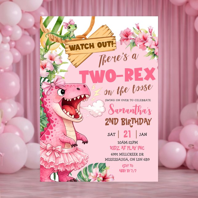 Convites Pink Two Rex On The Loose Third Birthday (Criador carregado)