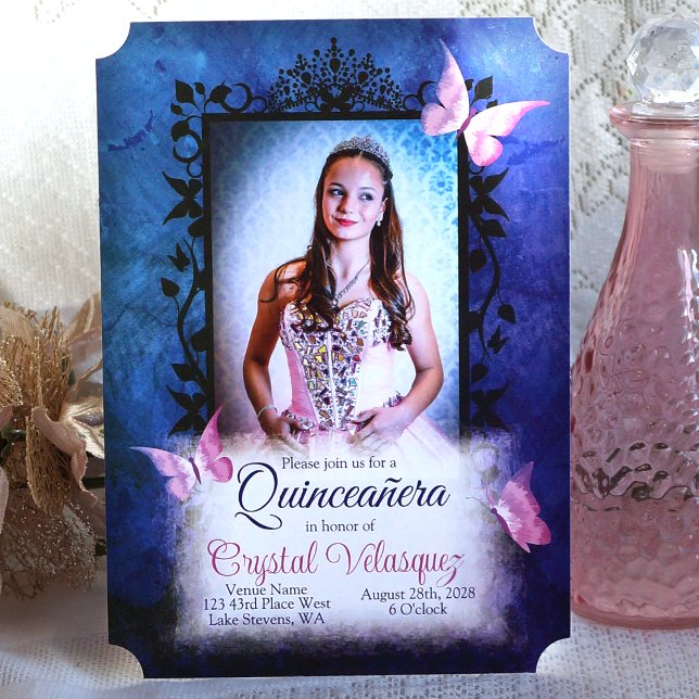 Convites Pink Único, Borboletas de Quinceanera Azul (Pink Quinceanera dress, royal blue frame, Pink butterflies, pink and blue quinceanera invitations)