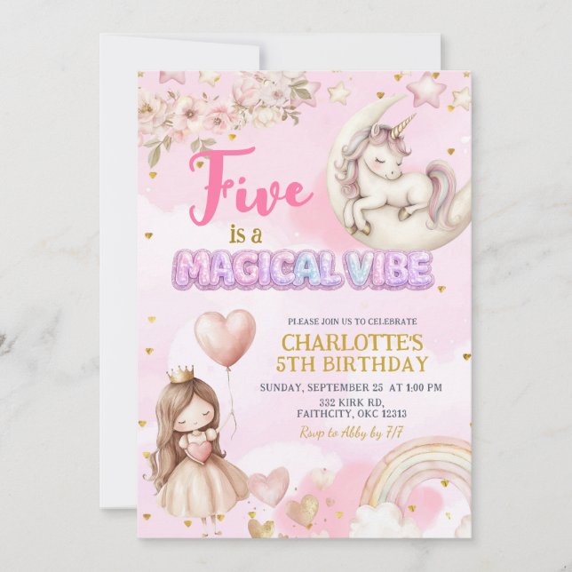Convites Pink Unicorn Five Is A Magical Vibe Fifth Birthday (Frente)