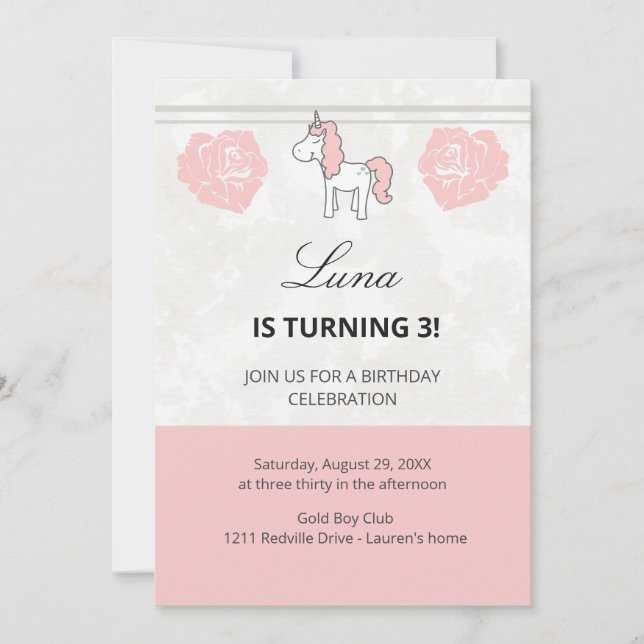 Convites Pink Unicorn Floral Birthday Party Invitation (Frente)