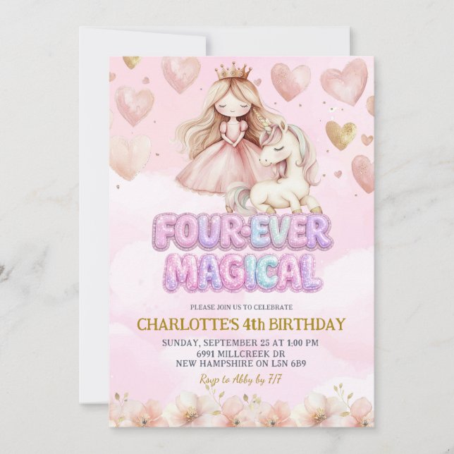 Convites Pink Unicorn Four ever Magical Fourth Birthday (Frente)