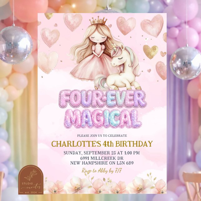 Convites Pink Unicorn Four ever Magical Fourth Birthday (Criador carregado)