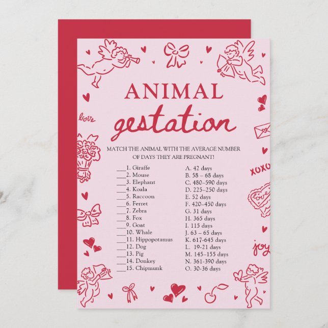 Convites Pink Valentine Animal Gestation Baby Shower Game (Frente/Verso)