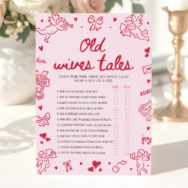 Convites Pink Valentine Old Wives Tales Baby Shower Game (Pink Valentine Old Wives Tales Baby Shower Game)