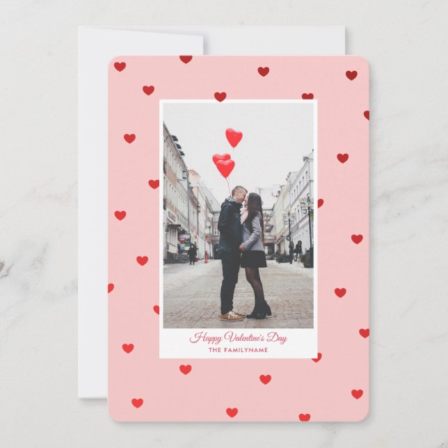 Convites Pink Valentine’s Day photo card with red hearts (Frente)
