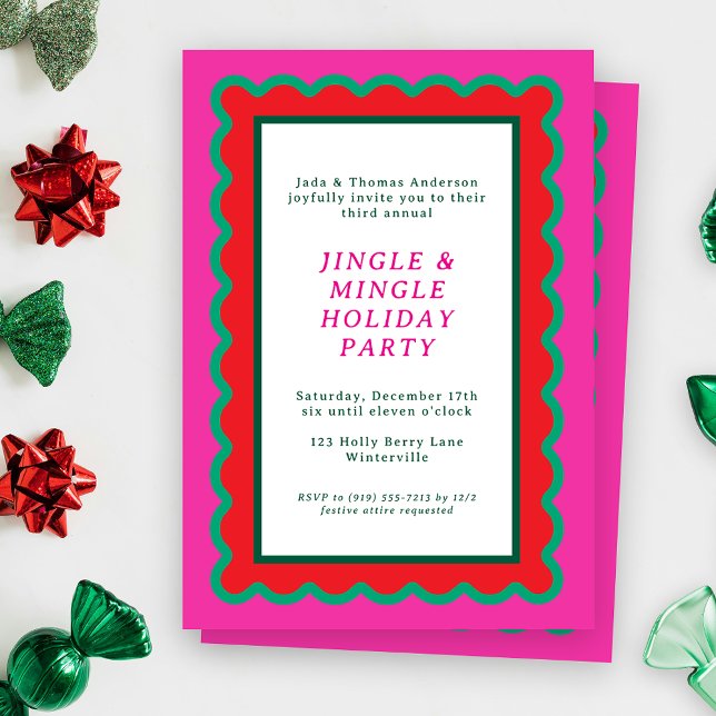 Convites Pink Vermelho Verde Simples, Rosa, Semeado Natal (A scalloped holiday party invitation feel preppy, bold and bright in hot pink, red, and green)