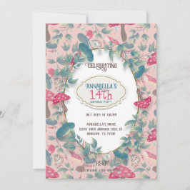 Convites Pink Vintage Cottagecore Mushroom Birthday