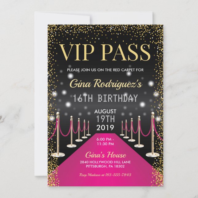 Convites Pink VIP Pass Hollywood Red Carpet Birday (Frente)