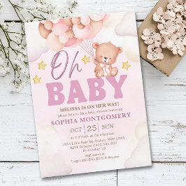 Convites Pink Watercolor Bear Baby Shower Girl