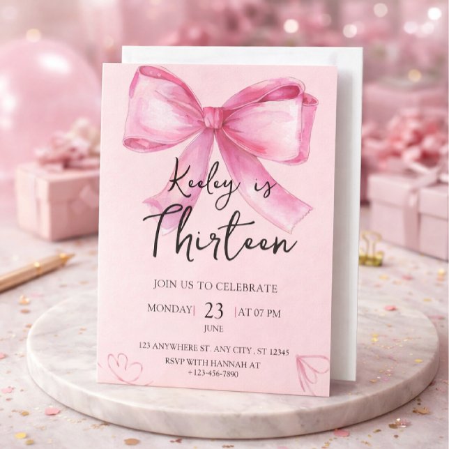 Convites Pink Watercolor Bow Birthday Invitation (Criador carregado)