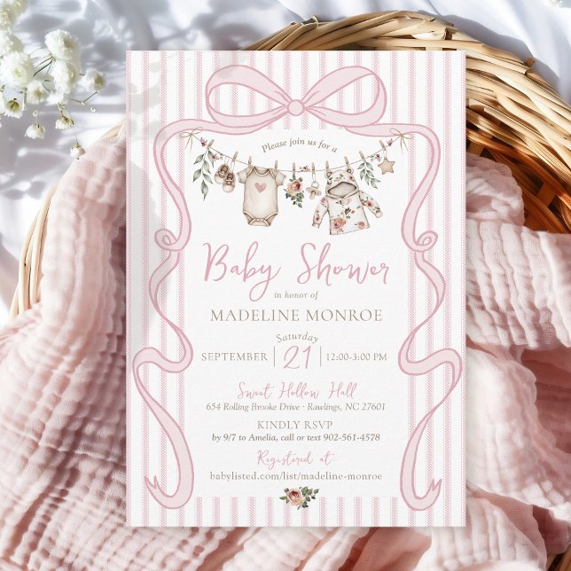 Convites Pink Watercolor Bow Clothesline Baby Girl Shower (Modern pink bow frame cute baby girl watercolor floral clothesline stripes shower invitation)