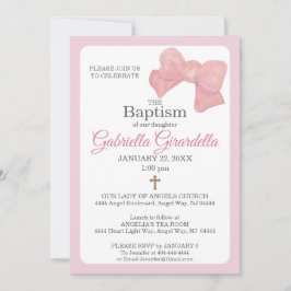 Convites Pink Watercolor Bow & Cross Baptism Invitation