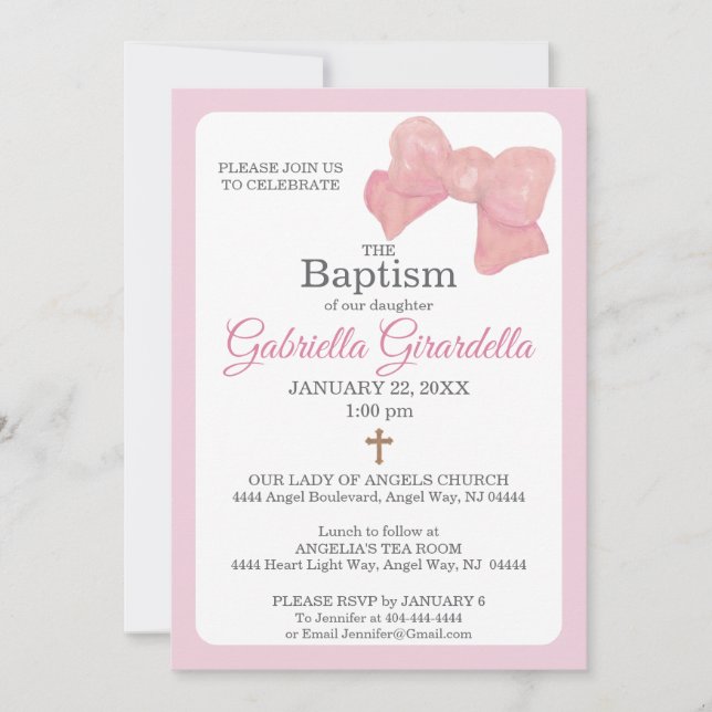 Convites Pink Watercolor Bow & Cross Baptism Invitation (Frente)
