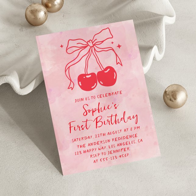 Convites Pink Watercolor Bow Fruit Cherry First Birthday (Criador carregado)