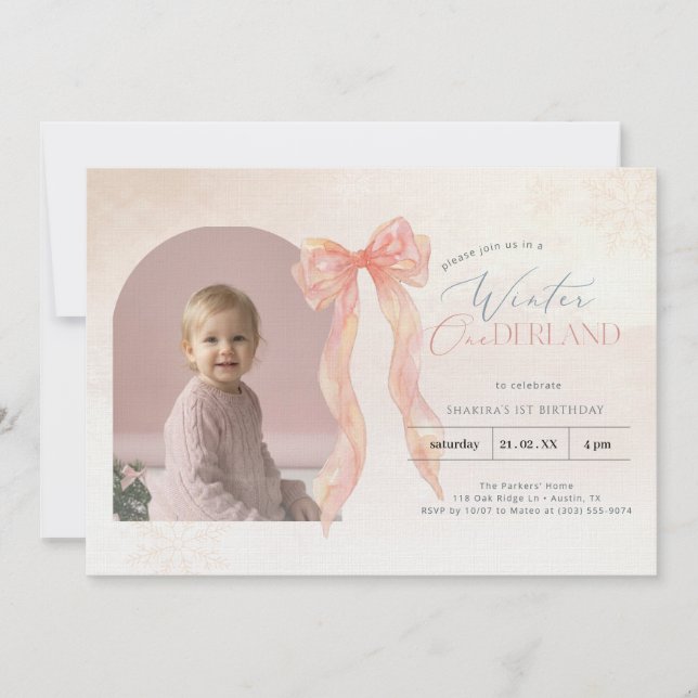Convites Pink Watercolor Bow Winter Onederland Arch Photo (Frente)