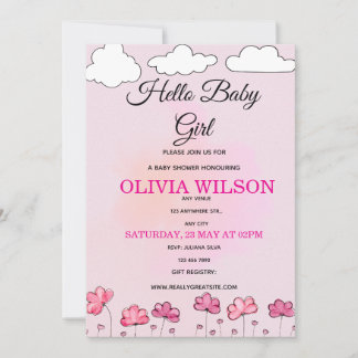 Convites Pink Watercolor Clouds & Flowers Baby Girl Shower 