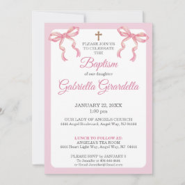 Convites Pink Watercolor Double Bow & Cross Baptism