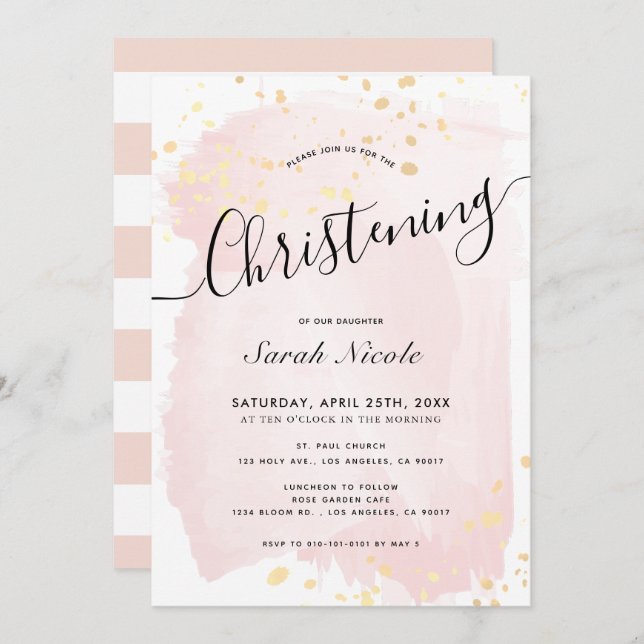 Convites Pink Watercolor Dourado Splatters Girl Christing (Frente/Verso)