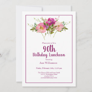 Convites Pink Watercolor Floral 90 Aniversário